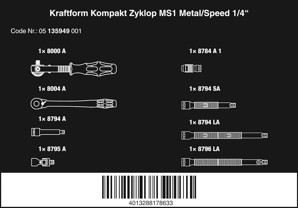Set 8 chei Wera Kraftform Kompakt Zyklop MS1 Metal/Speed 1/4in