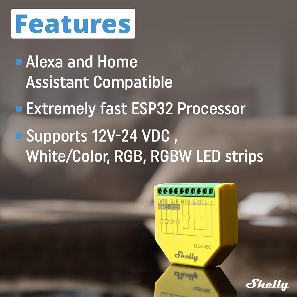 Shelly Plus RGBW PM - Controler Wi-Fi pentru benzi LED, 12-24 VDC