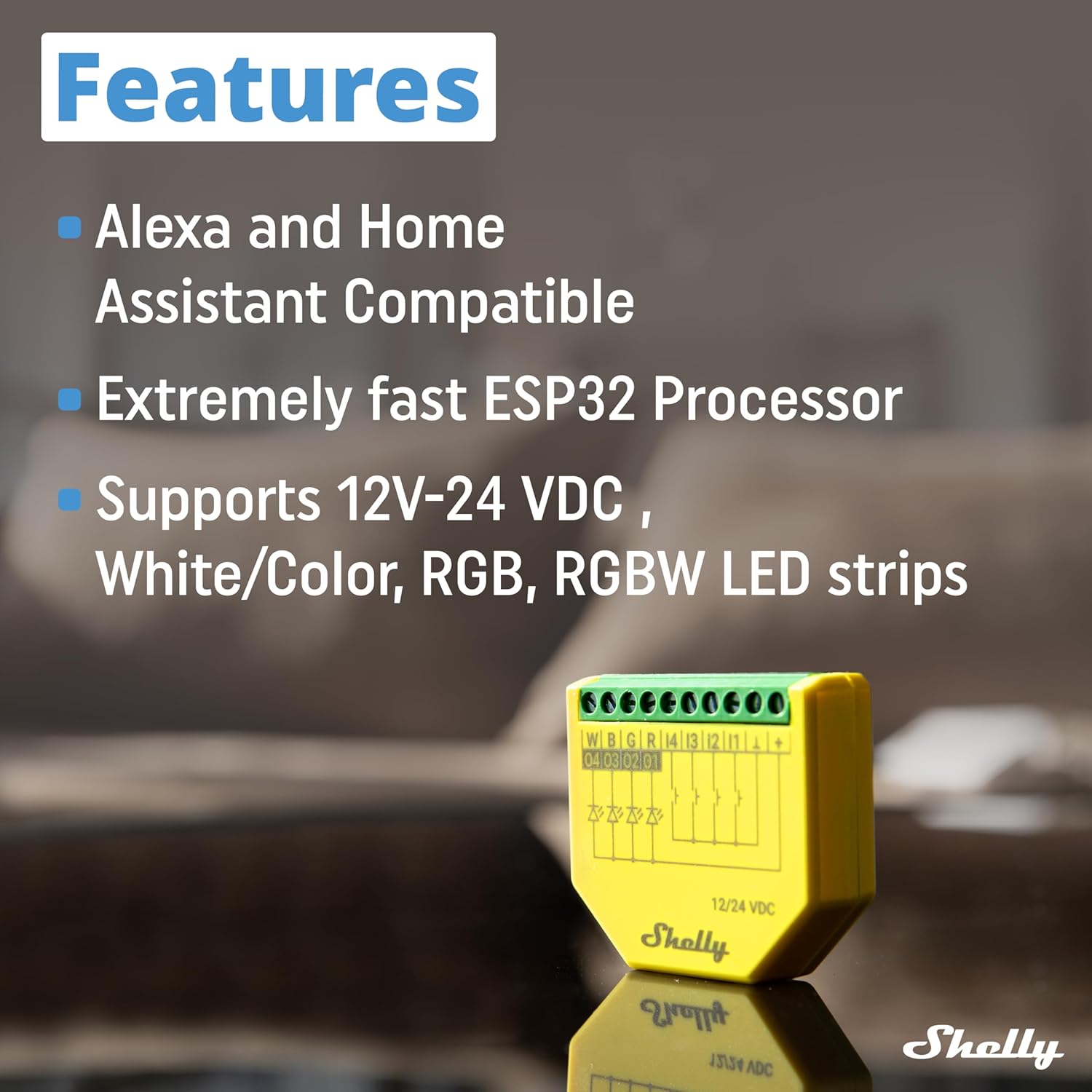 Shelly Plus RGBW PM - Controler Wi-Fi pentru benzi LED, 12-24 VDC