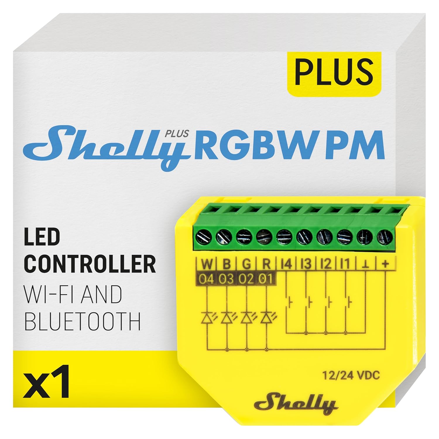 Shelly Plus RGBW PM - Controler Wi-Fi pentru benzi LED, 12-24 VDC